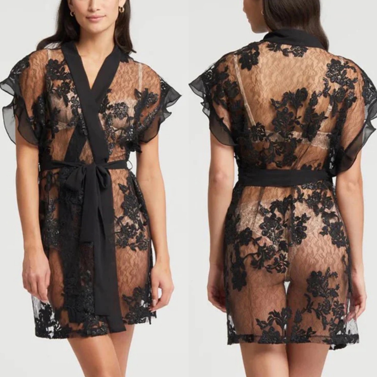The Rya Charming Cover Up Nwt Embroidered Sequin Lace Chiffon Lingerie Sz Xs/S